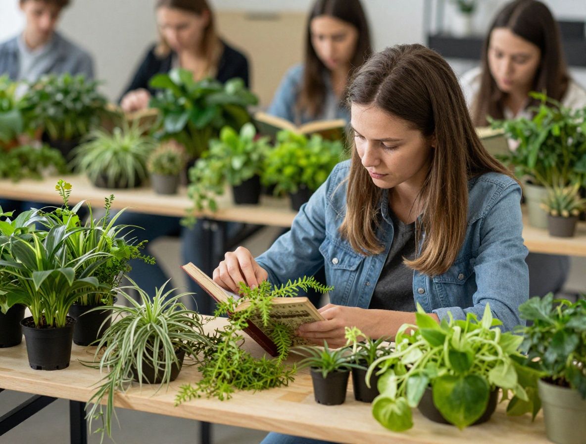 Stilizirana slika otvorene knjige na drvenom stolu s blagim, toplim svjetlom koje pada sa strane, okružena zelenim biljkama u saksijama, simbolizirajući znanje i istraživanje prirodnih tema