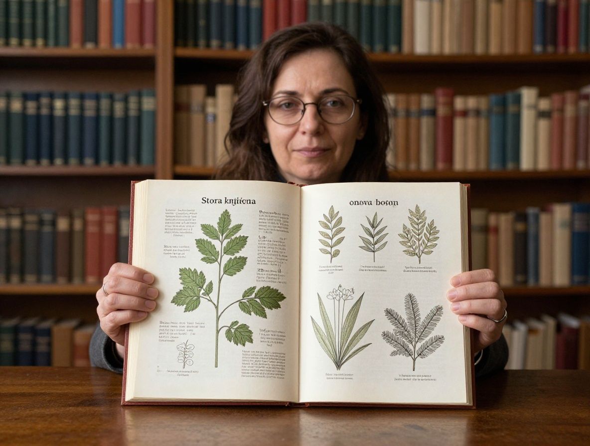 Stara knjiga o botanici otvorena na ilustriranoj stranici s biljnim crtežima, okružena staklenim bočicama s biljnim ekstraktima i povećalom na drvenom stolu knjižnice