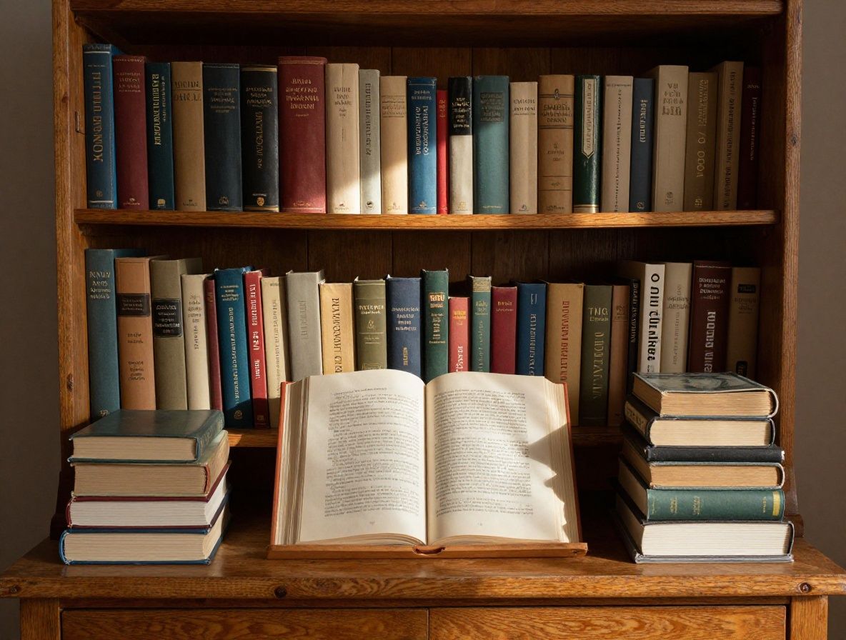 Stara drvena polica puna knjiga o botanici i prirodnim naukama, osvijetljena toplim jutarnjim sunčevim svjetlom koje pada kroz prozor, atmosfera knjižnice znanja