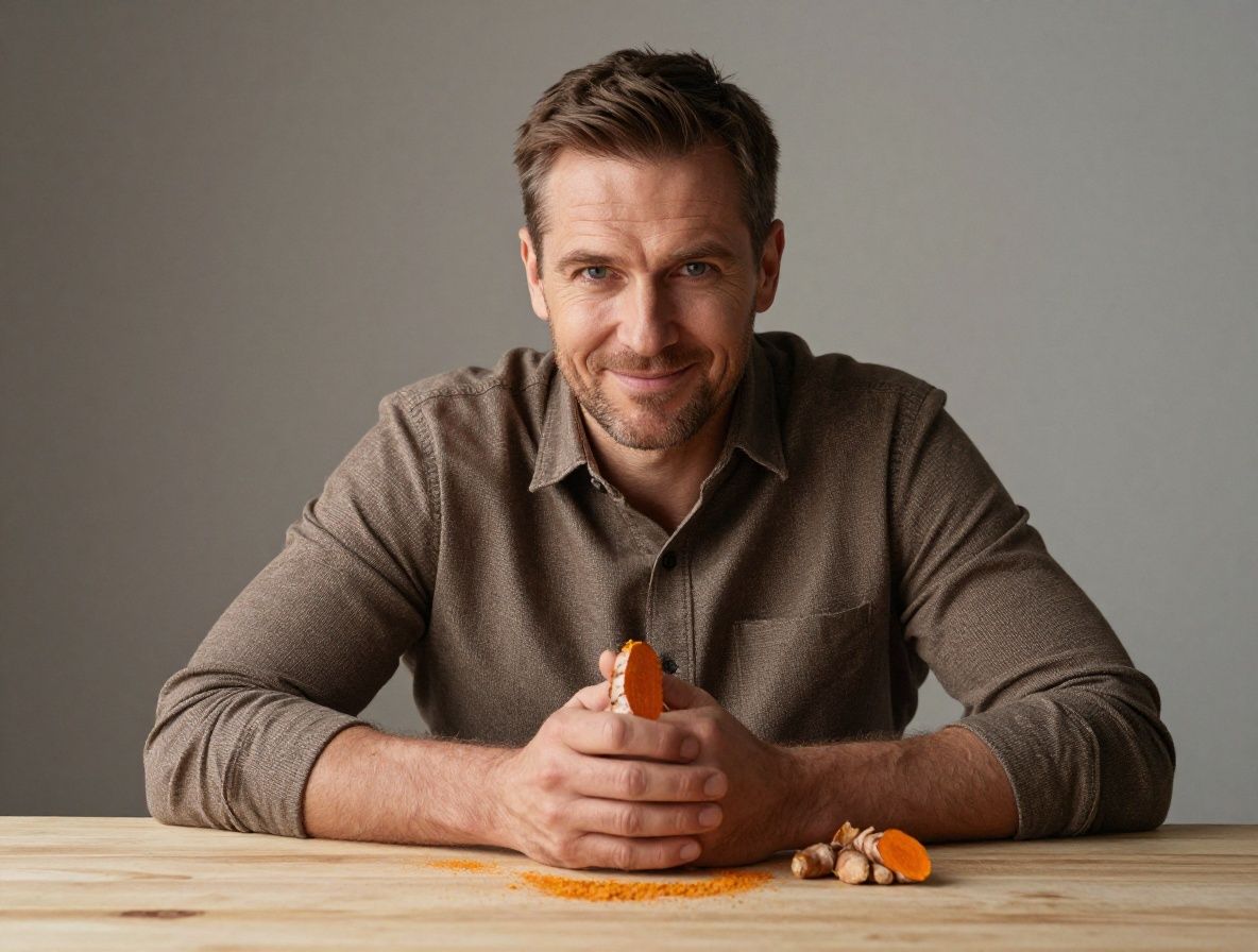 Svježi korijen kurkume prerezan na pola, prikazujući živahnu zlatno-narancastu unutrašnjost, s prahom kurkume u pozadini na drvenom stolu