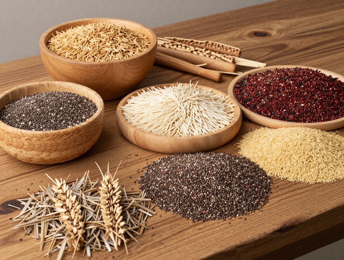 Različite vrste žitarica i sjemenki u drvenim zdjelicama: kvinoja, proso, chia, lan i pir, rustikalni drveni stol u toplom svjetlu