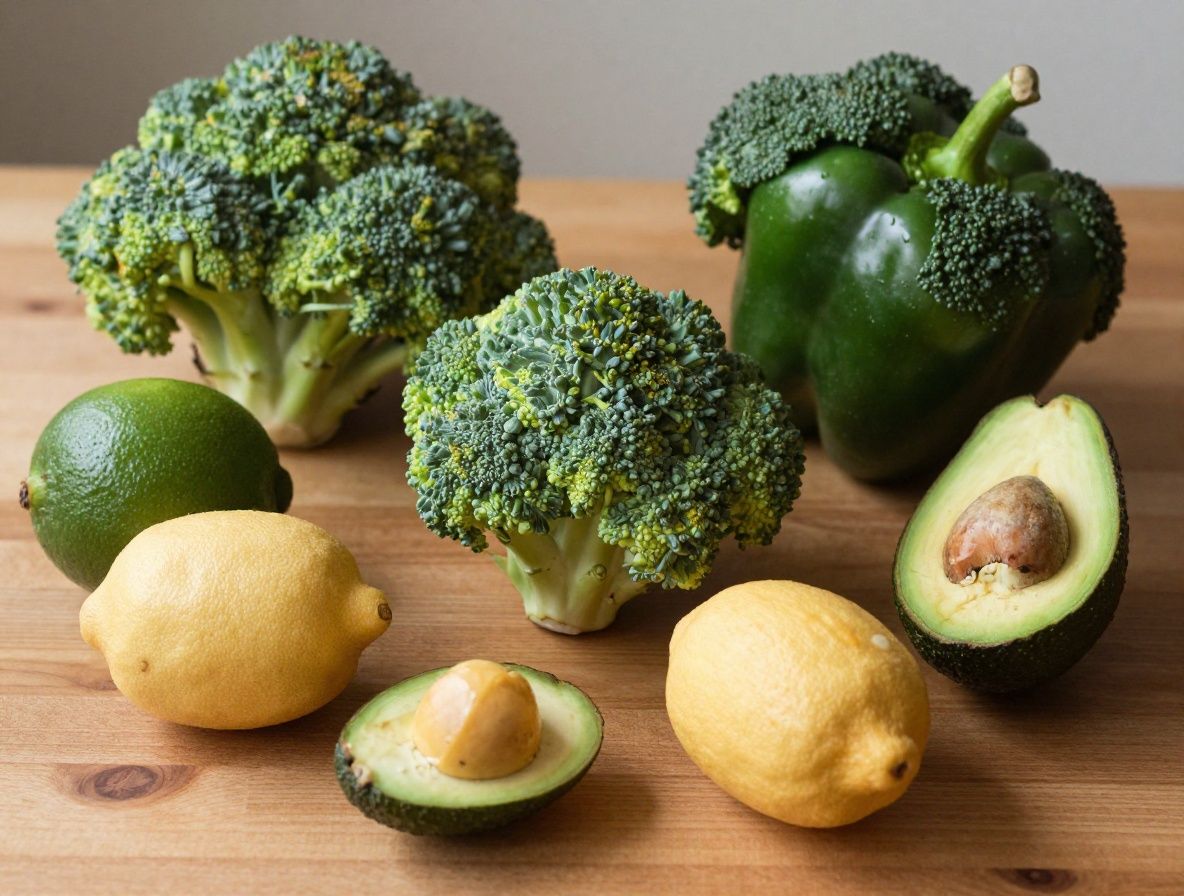 Raznobojna svježa hrana raspoređena na drvenom stolu: crvena paprika, brokula, limun, bademi, avokado i žitarice, prikaz uravnotežene prehrane